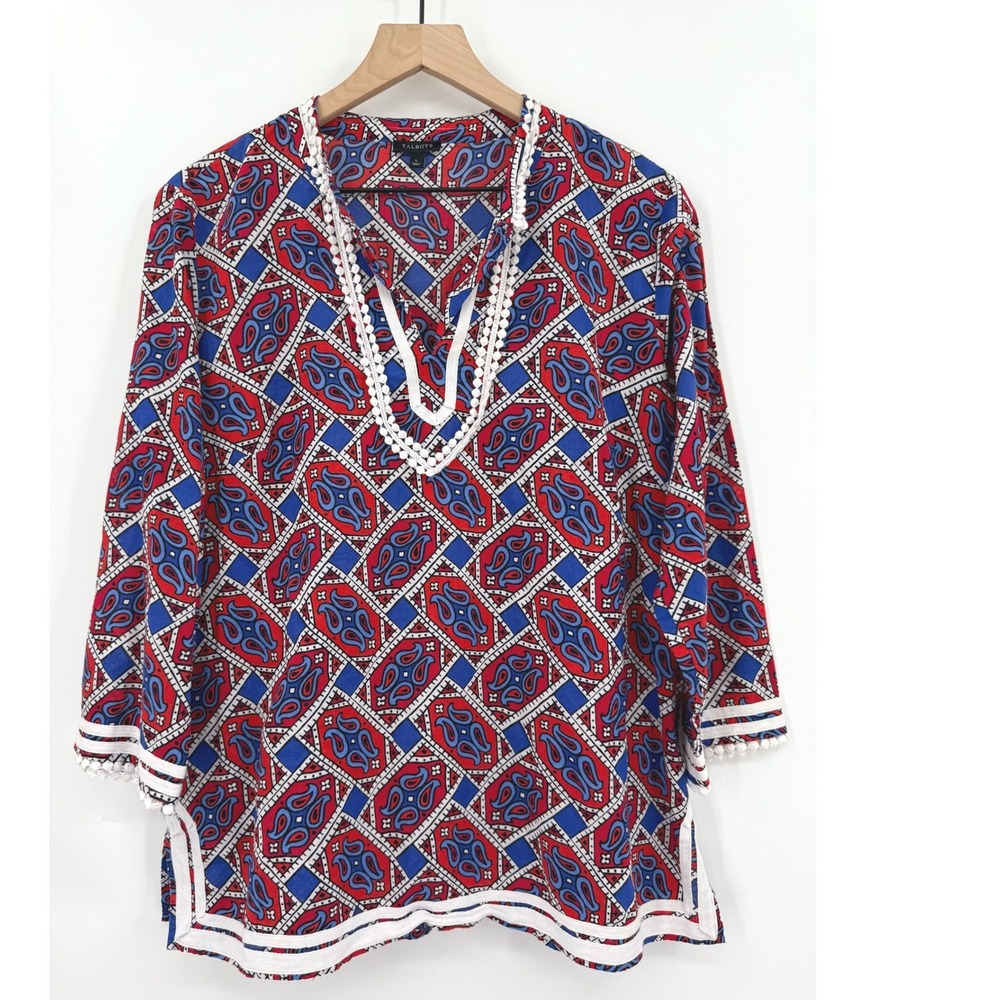 Talbots Shirt Womens Large‎ Red Blue Paisley Preppy Nautical 3/4 Sleeve Cotton